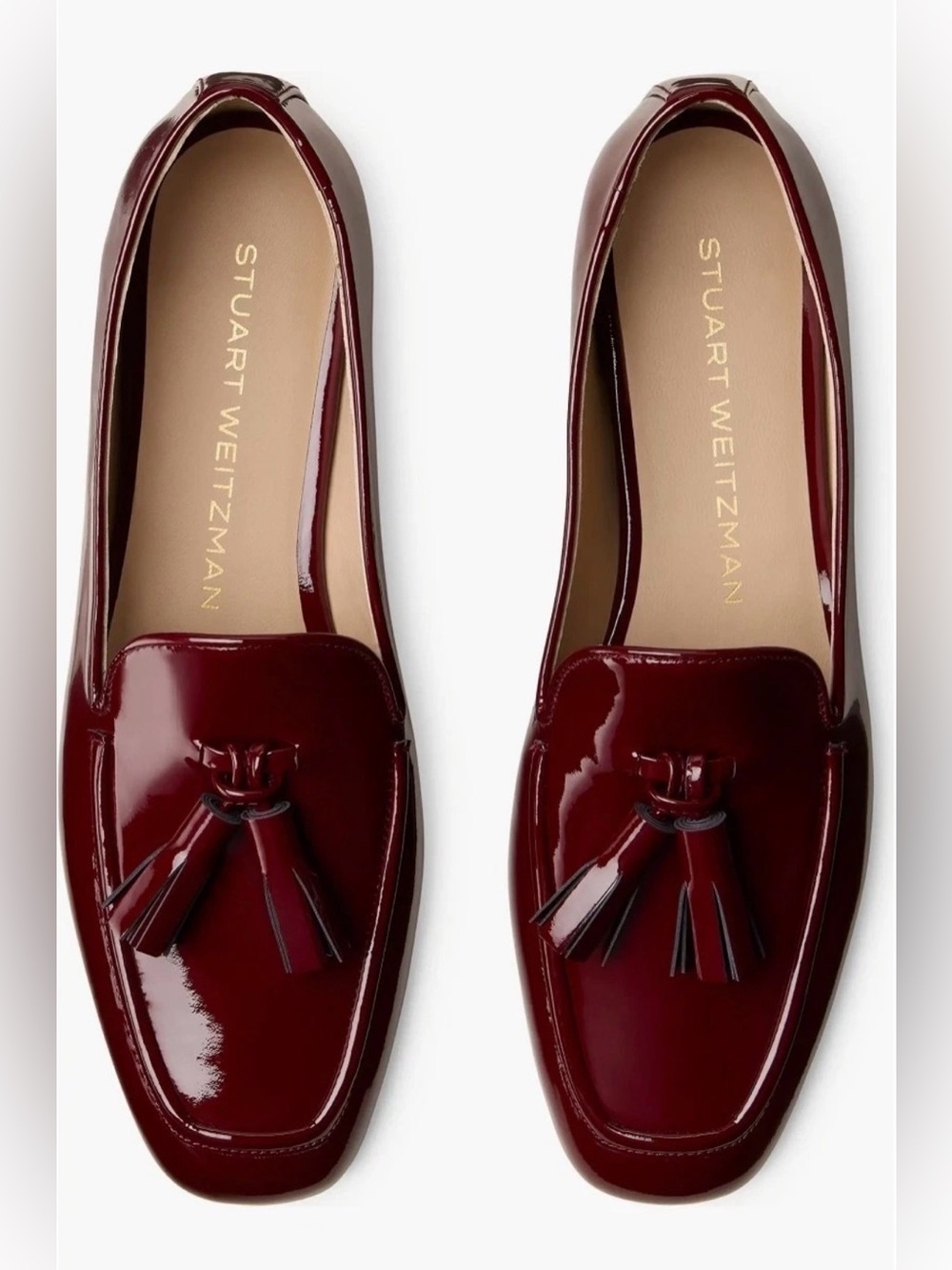 Stuart Weitzman Manila Burgundy Patent Leather Tassel Loafers Made in Spain